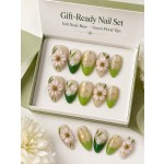 New‑Chinese Style 3D Pink Flower Press‑On Nails, Nude Green French Tips with Gold Foil & Gold Beads, Medium‑Long Almond False Nails